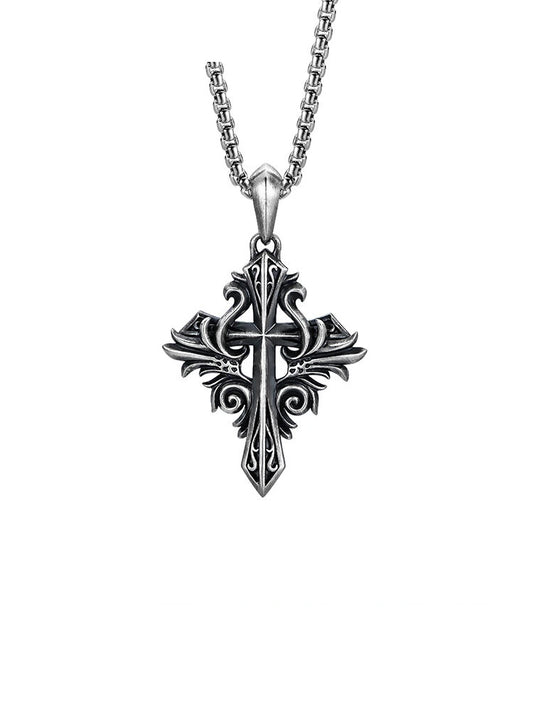 Vintage Fleur-de-Lis Cross Sterling Silver Biker Pendant — clean product front view
