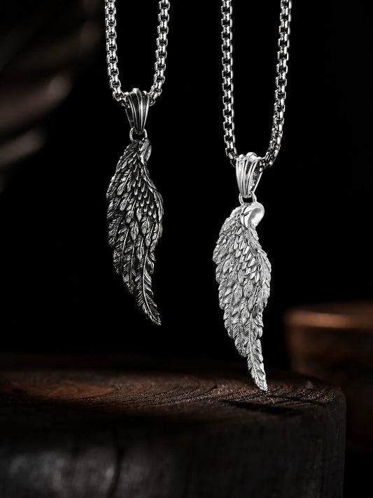 White Angel Feather Sterling Silver Biker Pendant — front product view