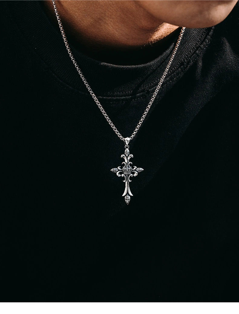 3D Crown Cross Sterling Silver Biker Pendant — product detail view 2