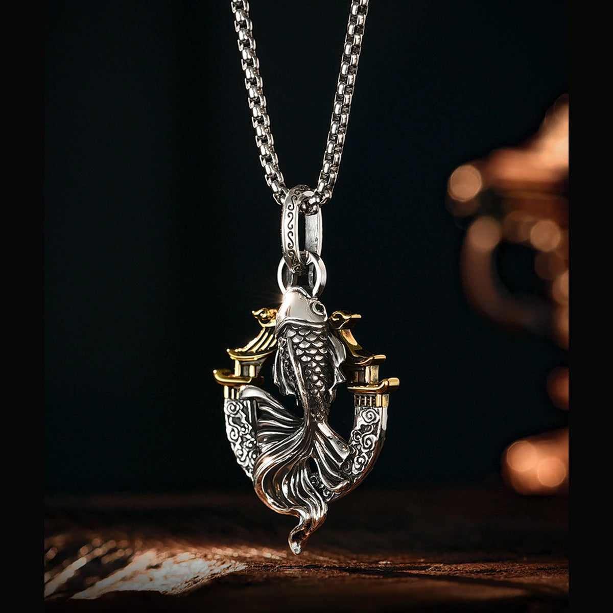 3D Koi Dragon Gate Sterling Silver Biker Pendant — dark studio front view
