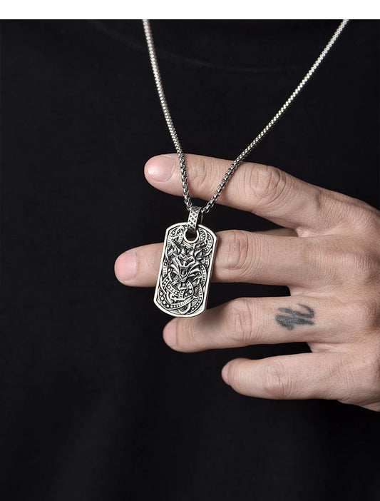 3D Owl Wolf Totem Sterling Silver Biker Pendant — product detail view 2