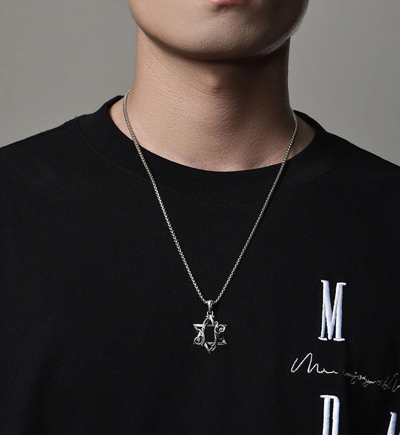 Acanthus Hexagram Sterling Silver Biker Pendant — product detail view 2