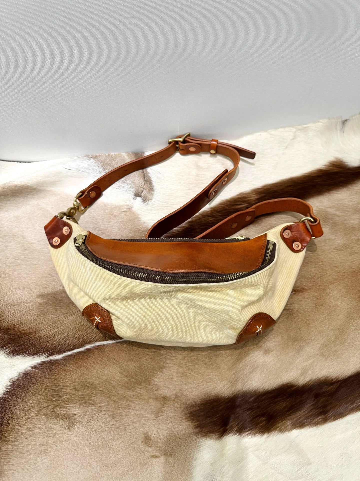 high-oil vegetable-tanned leather and canvas biker sling bag 2