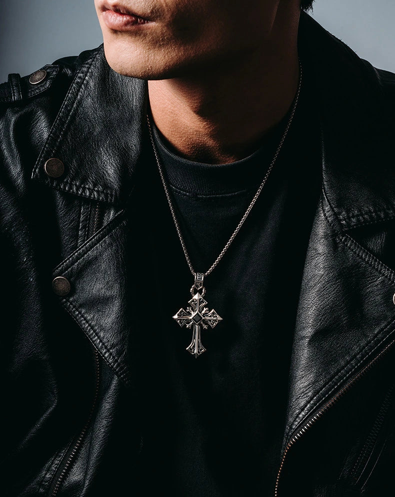 Black Onyx Large Cross Sterling Silver Biker Pendant — product detail view 2