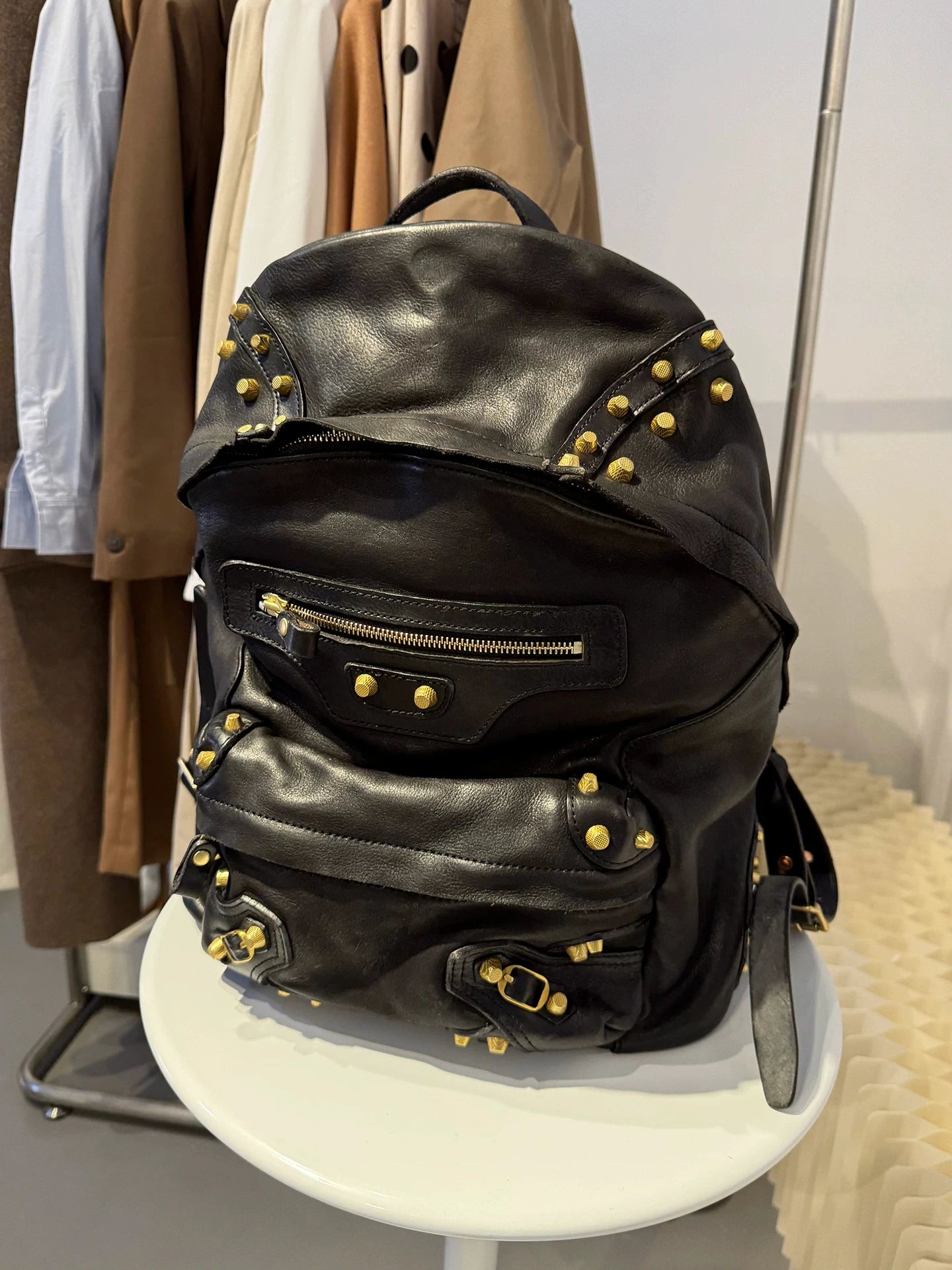 large black soft leather studded biker backpack 2