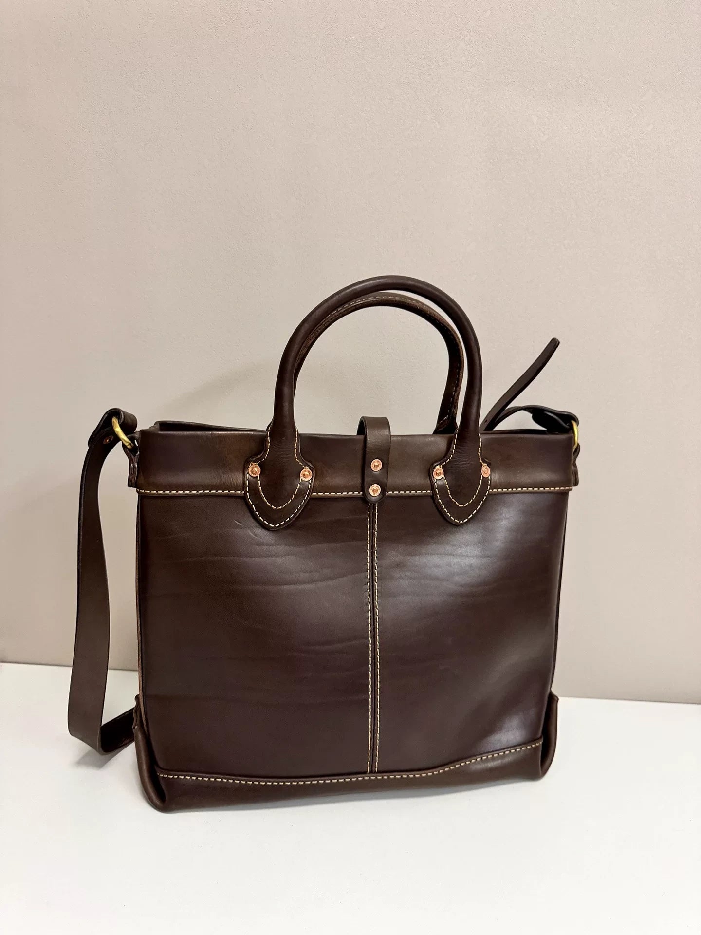 vintage distressed vegetable-tanned leather tote shoulder bag 2