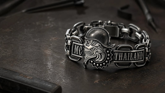 On My Way motorcycle club identity integrated into a custom silver bracelet