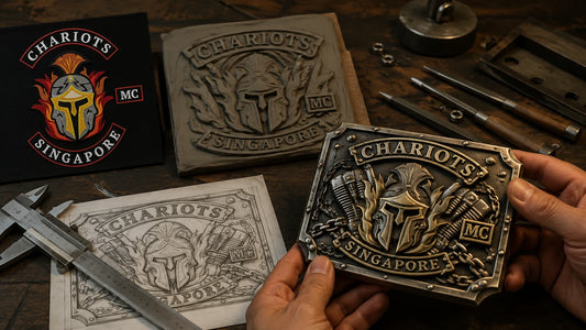 Chariots motorcycle club patch being adapted into a helmet-shaped mixed-metal belt buckle design.