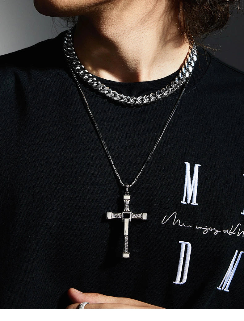 Engravable Large Cross Sterling Silver Biker Pendant — product detail view 2