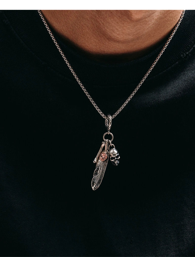Feather Skull Sterling Silver Biker Pendant — product detail view 2