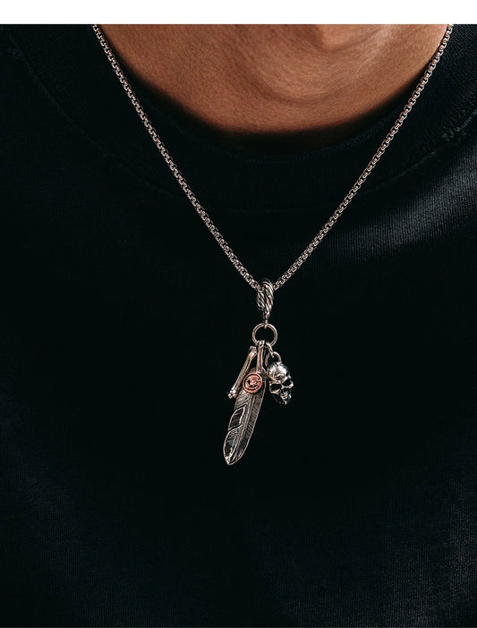 Feather Skull Sterling Silver Biker Pendant — product detail view 2