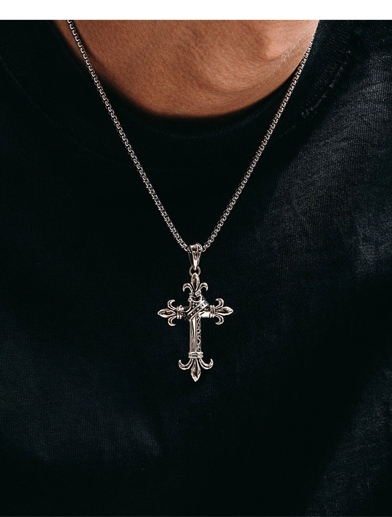 Fleur-de-Lis Crown Cross Sterling Silver Pendant — product detail view 2