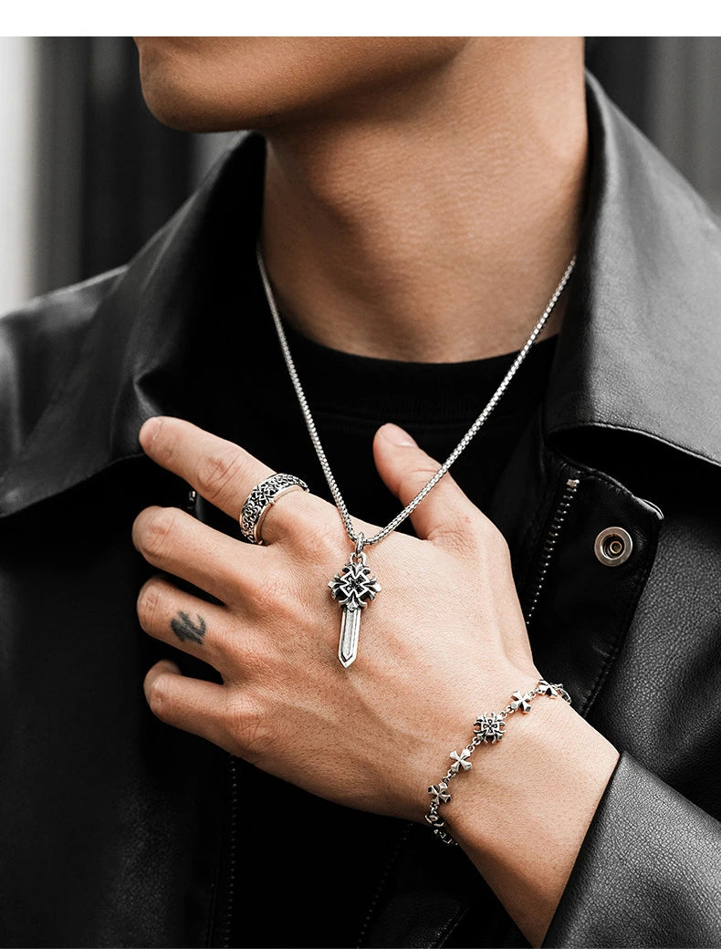 Fleur-de-Lis Sword Cross Sterling Silver Pendant — product detail view 2