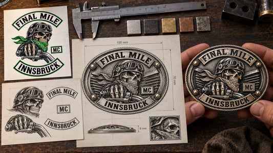 Final Mile Innsbruck club patch decomposed into design elements, recomposed as a technical buckle drawing and shown as a matching approval sample.