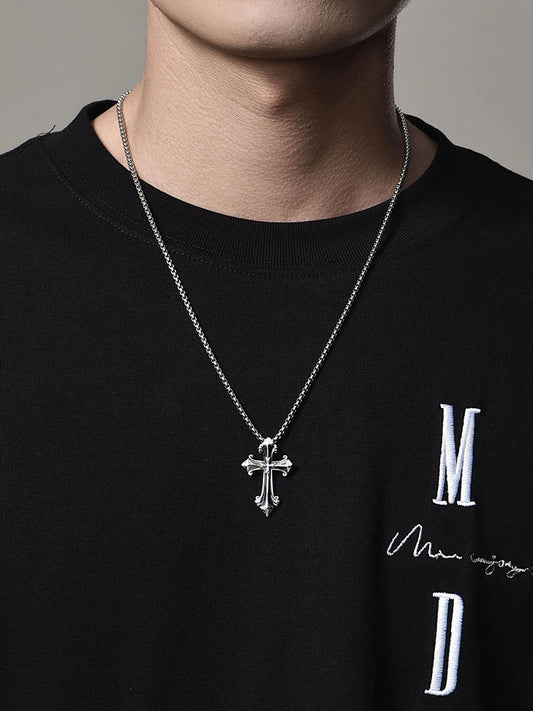 Gothic Fleur-de-Lis Cross Sterling Silver Biker Pendant — product detail view 2