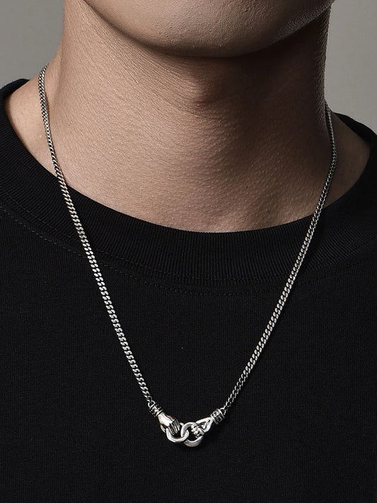 Handshake Double-Ring Cuban Sterling Silver Biker Necklace — product detail view 2