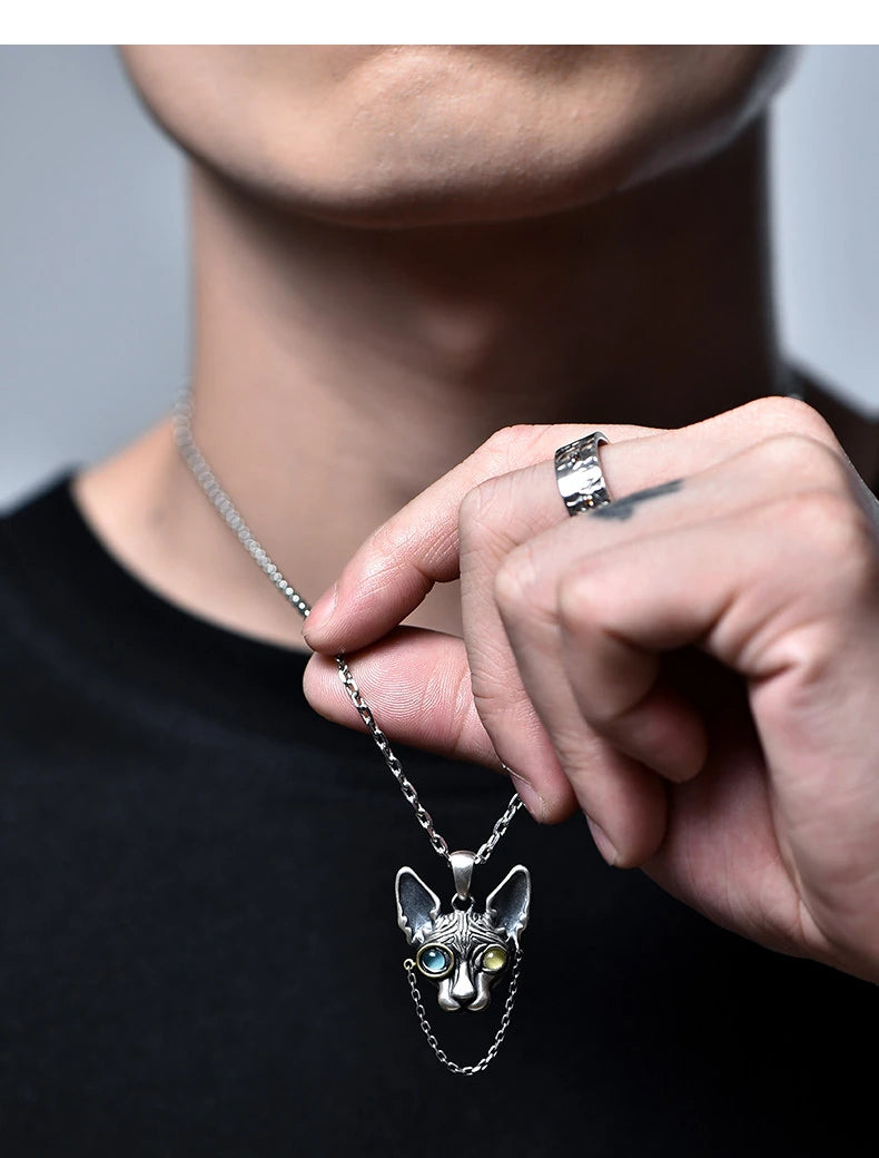 Mechanical Sphynx Cat Sterling Silver Biker Pendant — product detail view 2