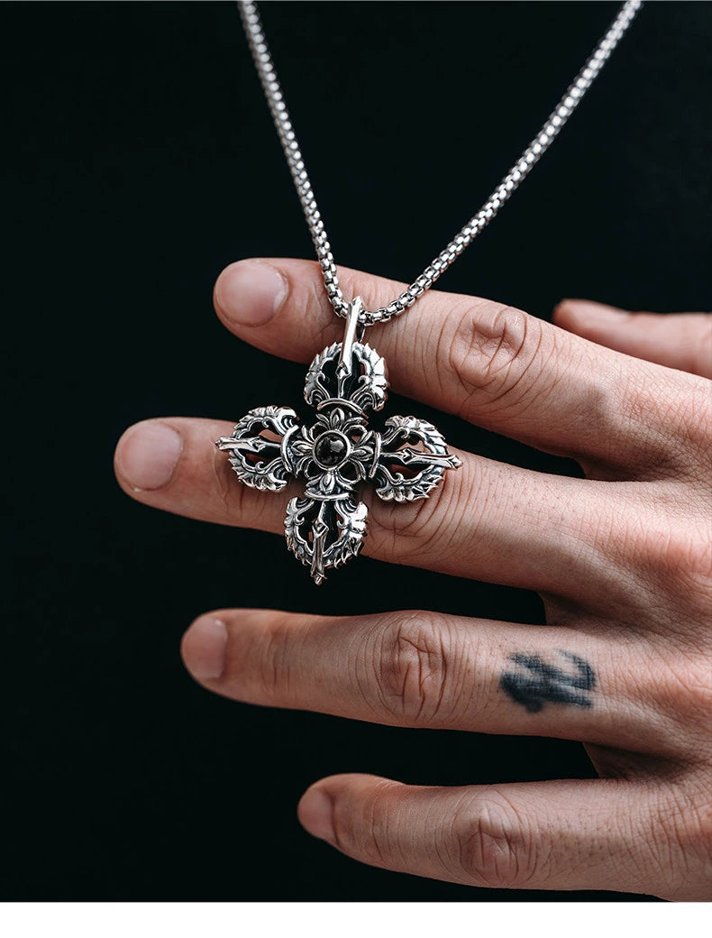 Micro-Engraved Vajra Cross Sterling Silver Biker Pendant — product detail view 2