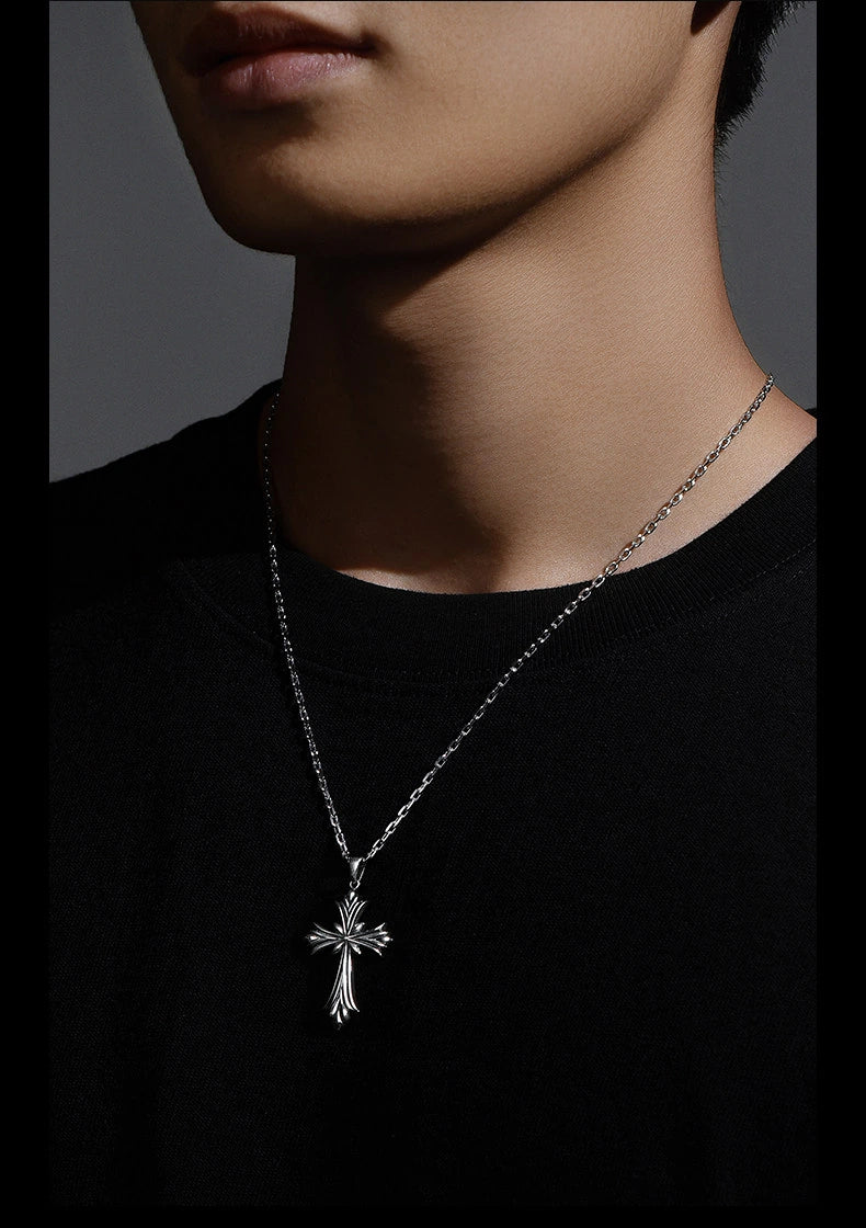 Minimal Cross Sterling Silver Biker Pendant — product detail view 2
