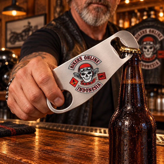 Solid stainless steel motorcycle club bar blade bottle opener in use at a clubhouse bar.
