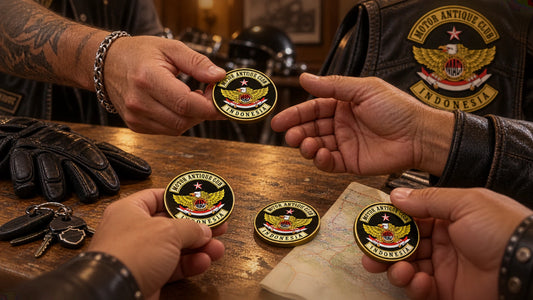 Motorcycle club members exchanging solid chapter poker chips across a clubhouse table.