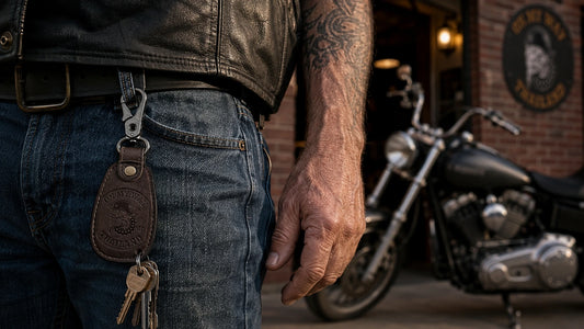 Motorcycle club member using a custom leather key fob with an authorized club logo at a clubhouse entrance.