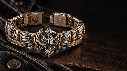 Night Wardens Phoenix club identity rebuilt as a sculptural mixed-metal bracelet