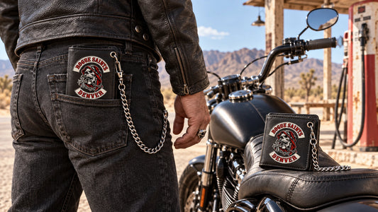 Mature rider carrying a chain-ready Rogue Saints Denver motorcycle club wallet at a roadside fuel stop.