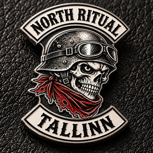North Ritual Tallinn soft enamel motorcycle club pin showing raised metal lines and visibly recessed colored enamel.