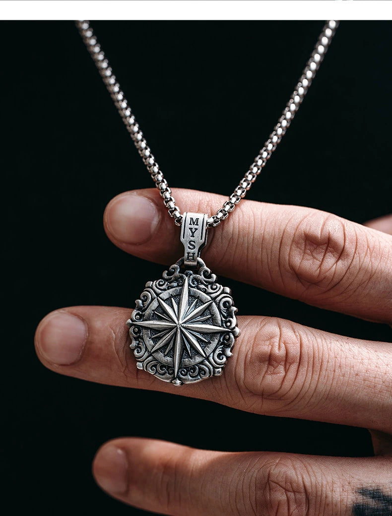 Starburst Compass Sterling Silver Biker Pendant — product detail view 2