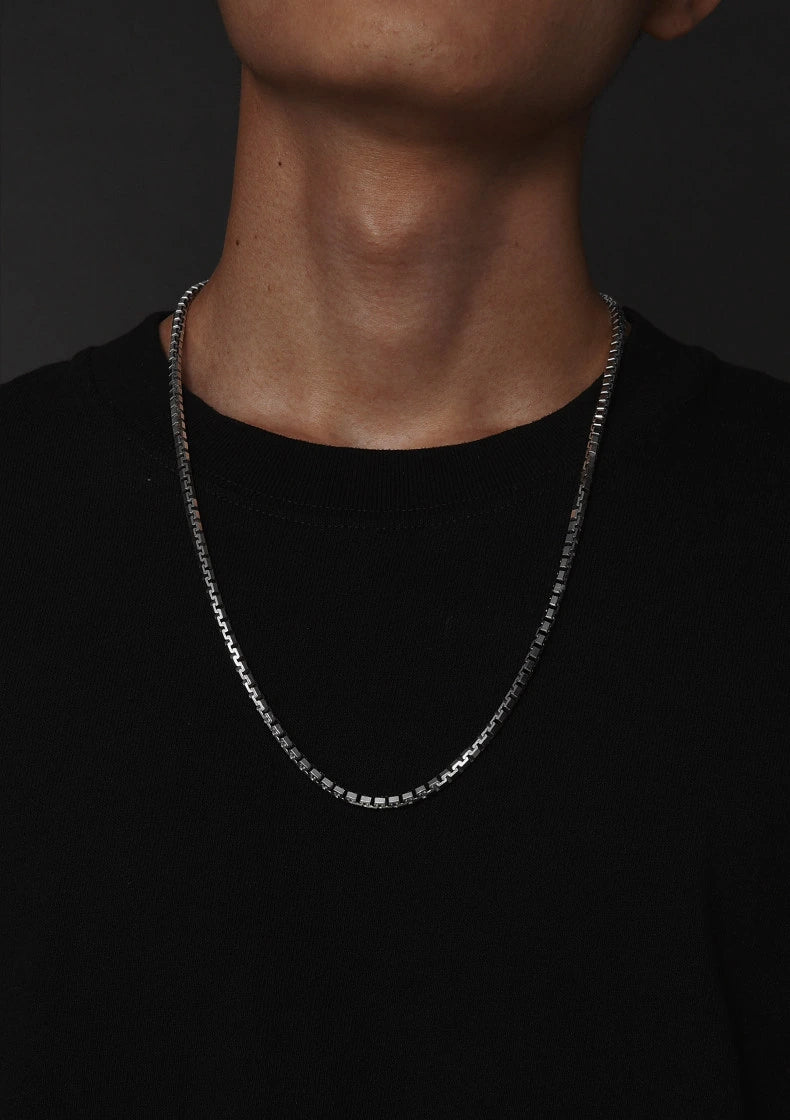 Thick Sterling Silver Box Chain Biker Necklace — product detail view 2