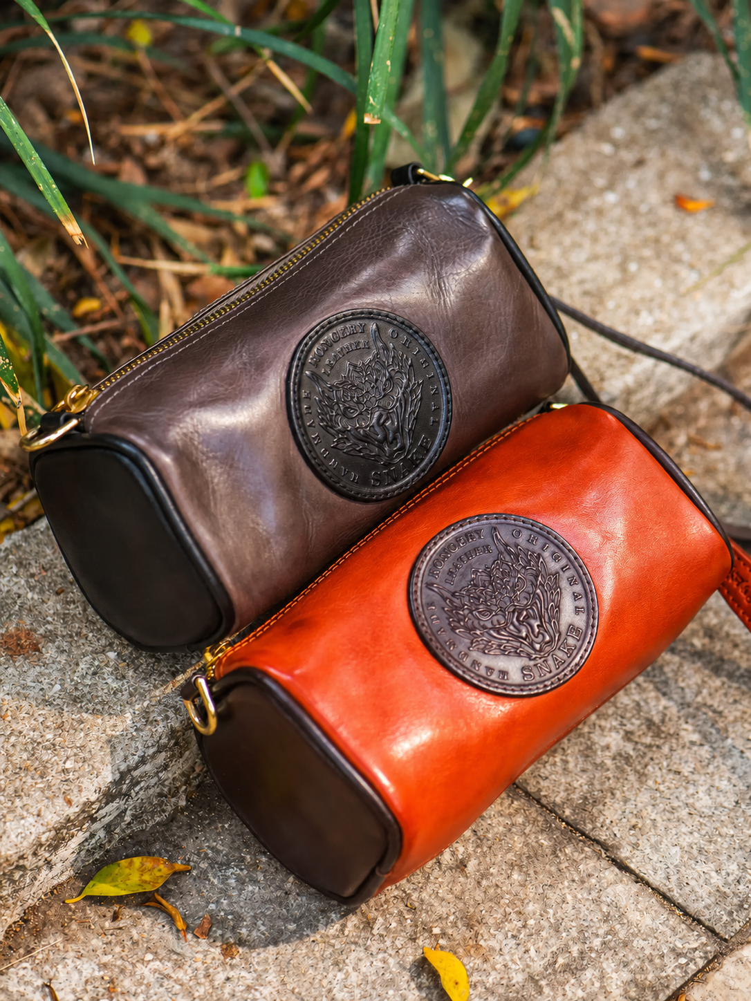 reddish brown and dark gray dragon emblem leather biker wallet color options