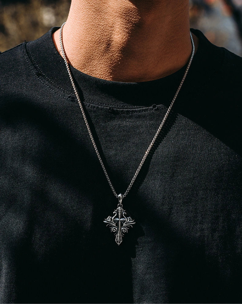 Vintage Fleur-de-Lis Cross Sterling Silver Biker Pendant — product detail view 2