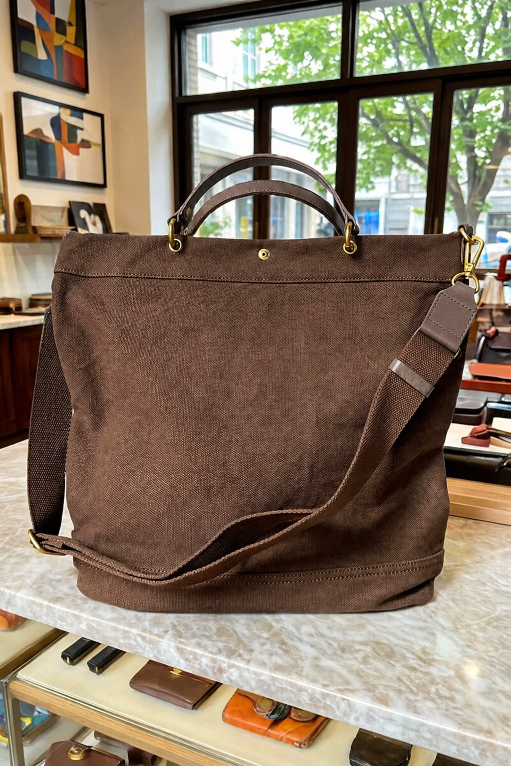 washed canvas and vegetable-tanned leather large tote bag 2