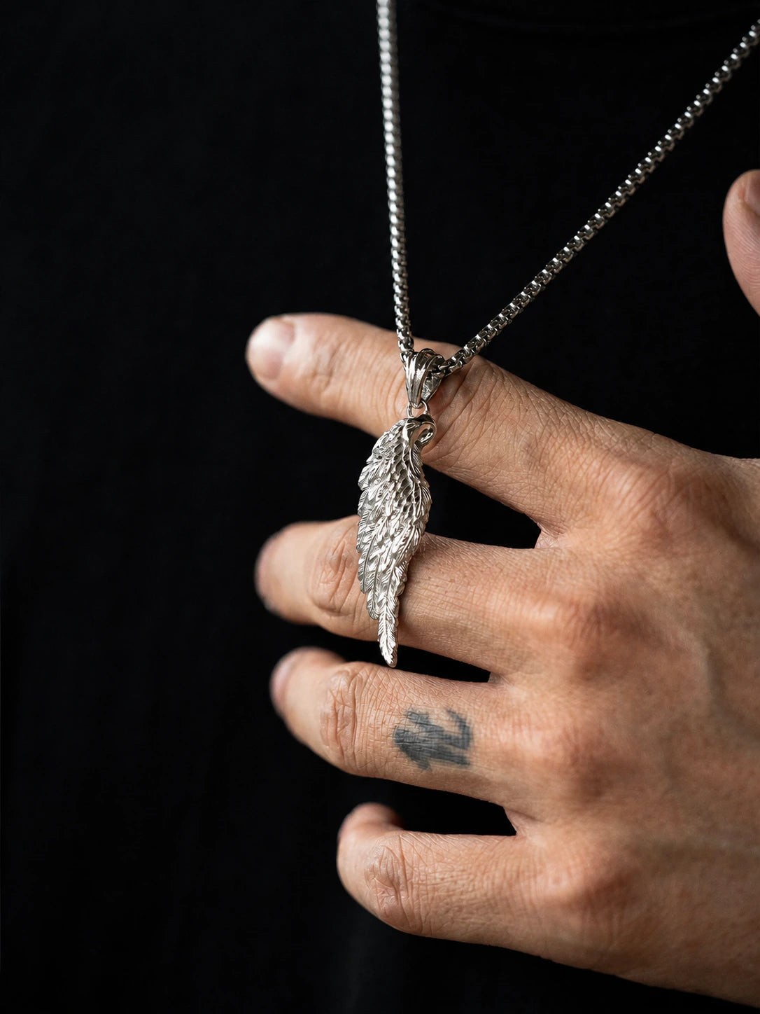 White Angel Feather Sterling Silver Biker Pendant — product detail view 2
