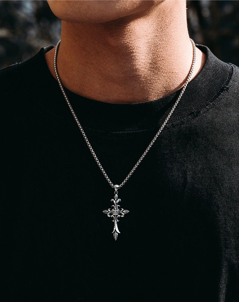 3D Crown Cross Sterling Silver Biker Pendant — product detail view 3
