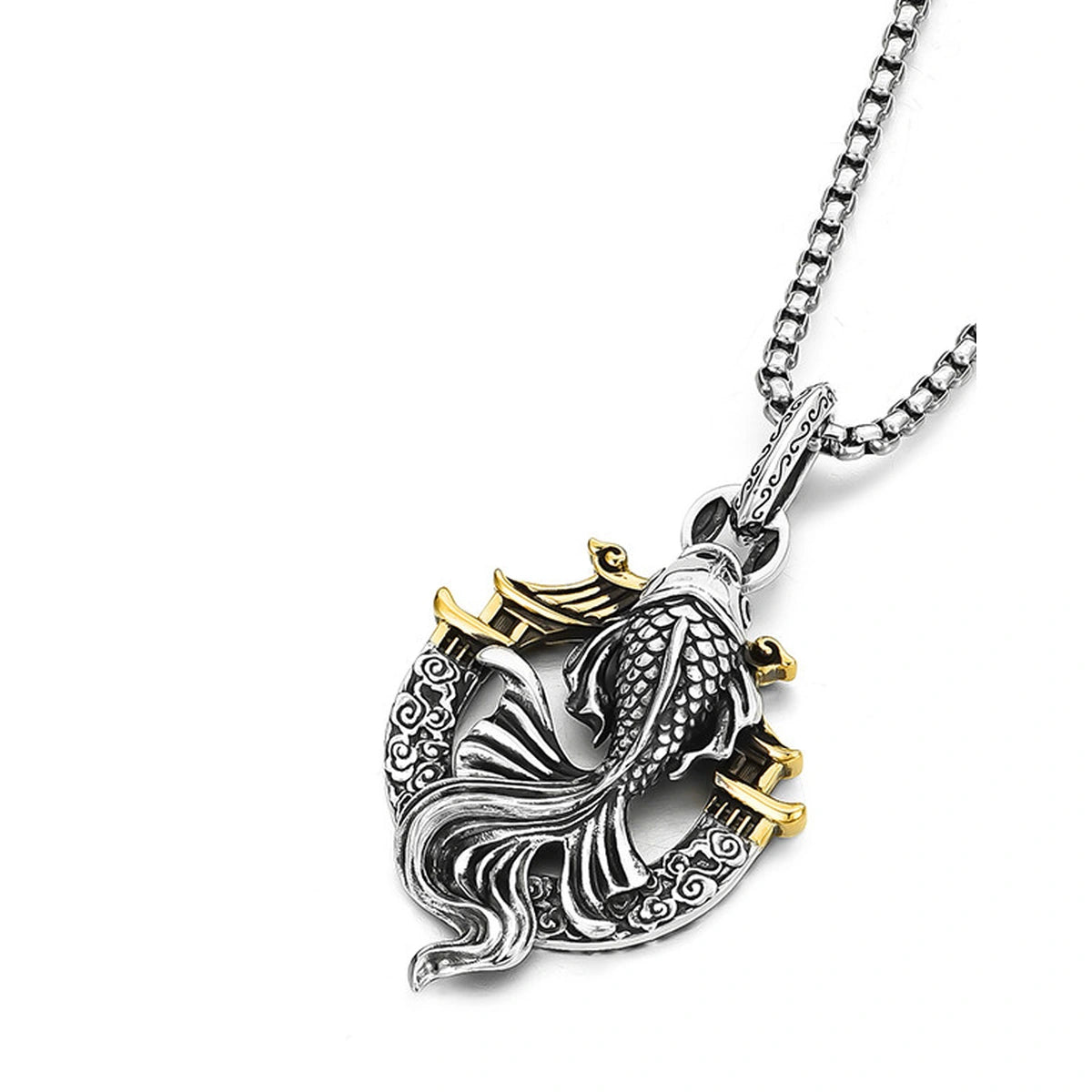 3D Koi Dragon Gate Sterling Silver Biker Pendant — angled product detail view