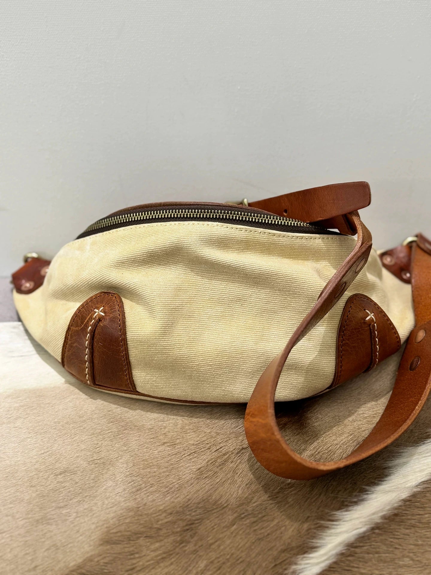 high-oil vegetable-tanned leather and canvas biker sling bag 3