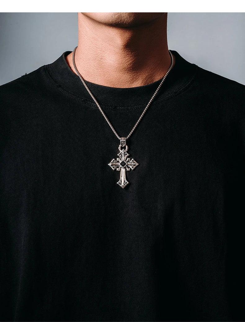 Black Onyx Large Cross Sterling Silver Biker Pendant — product detail view 3