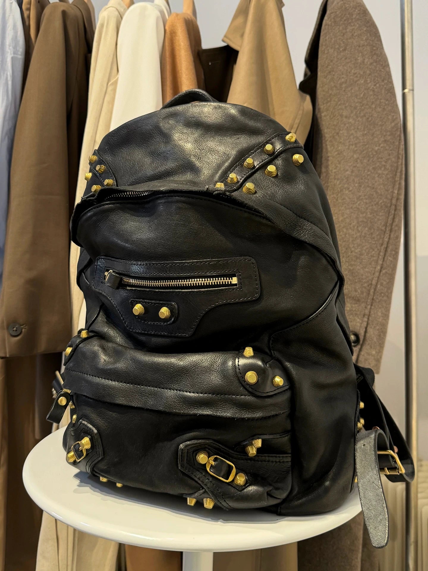 large black soft leather studded biker backpack 3