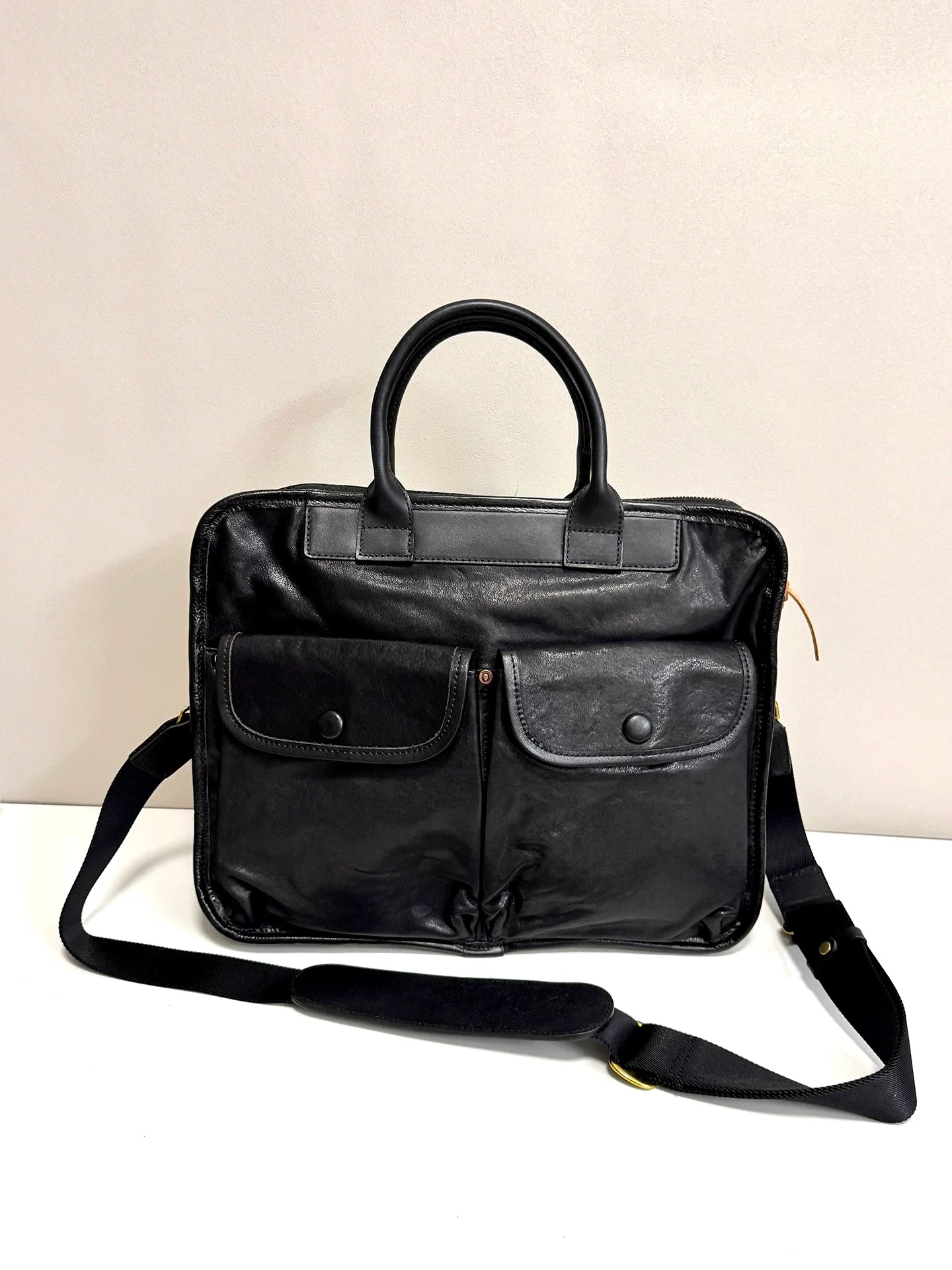 large vintage vegetable-tanned leather briefcase travel bag 3