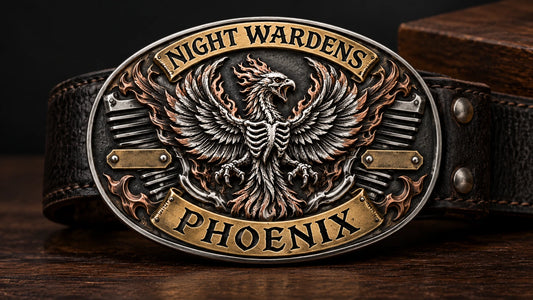 Night Wardens Phoenix club identity recomposed as an original mixed-metal motorcycle club buckle.