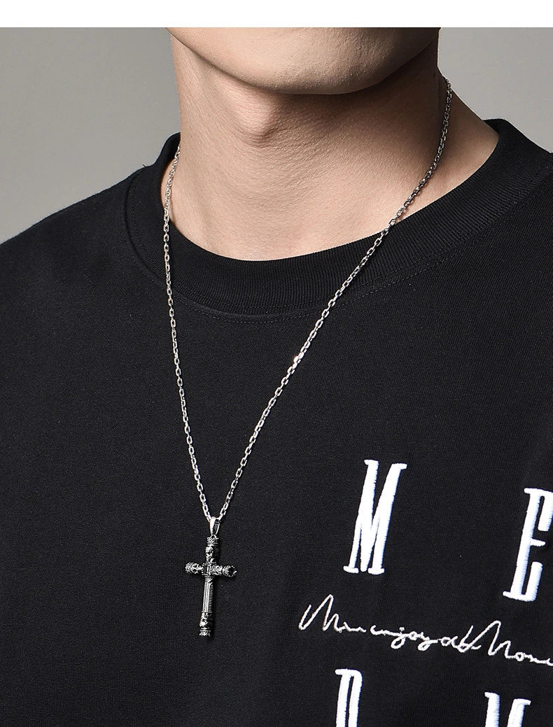 Crown Skull Column Cross Sterling Silver Pendant — product detail view 3