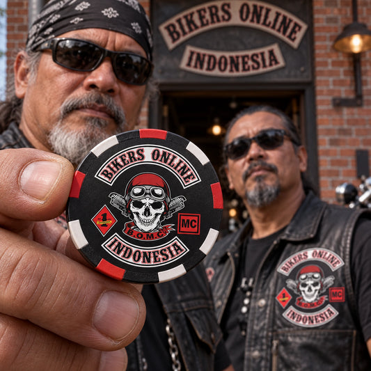 Solid custom chapter poker chip with approved club identity outside a motorcycle clubhouse.