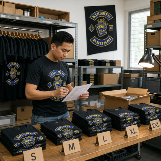 Mixed-size KINSMEN MG custom short-sleeve T-shirts prepared for a motorcycle club group order.