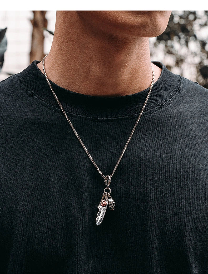 Feather Skull Sterling Silver Biker Pendant — product detail view 3