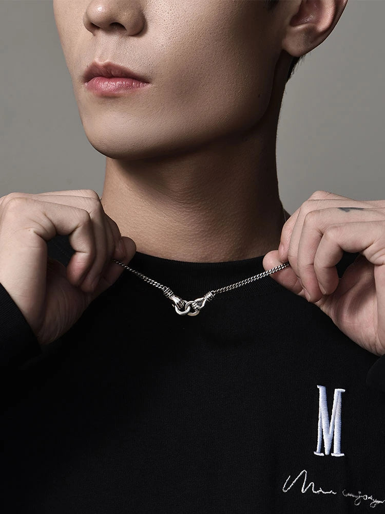 Handshake Double-Ring Cuban Sterling Silver Biker Necklace — product detail view 3