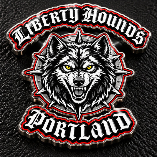 Liberty Hounds Portland hard enamel motorcycle club pin showing a smooth polished surface level with the metal borders.