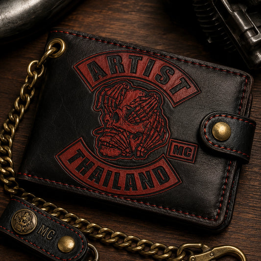 Long trucker-style leather biker wallet with an authorized motorcycle club logo, snap closure and wallet chain.