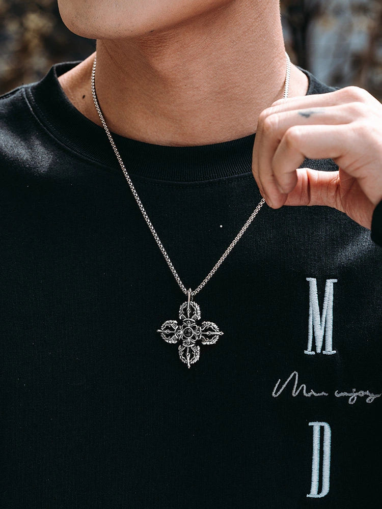 Micro-Engraved Vajra Cross Sterling Silver Biker Pendant — product detail view 3